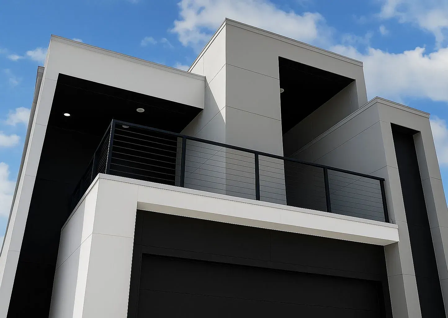 A modern two-story home with a black garage door and cable-rail balcony