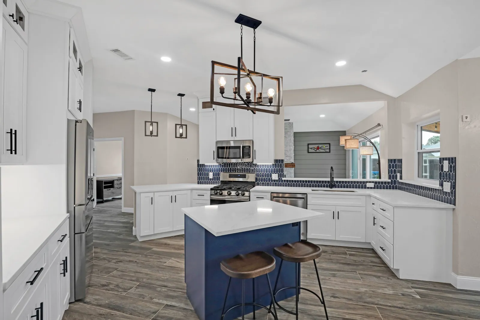 After: kitchen island and pendant lights